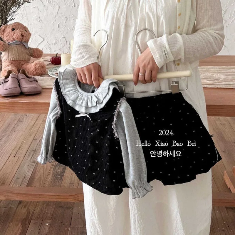 Girls' Suit Autumn New Lace Collar Bottoming Shirt Children's Sweet Polka Dot Vest Bud-Shaped Pants