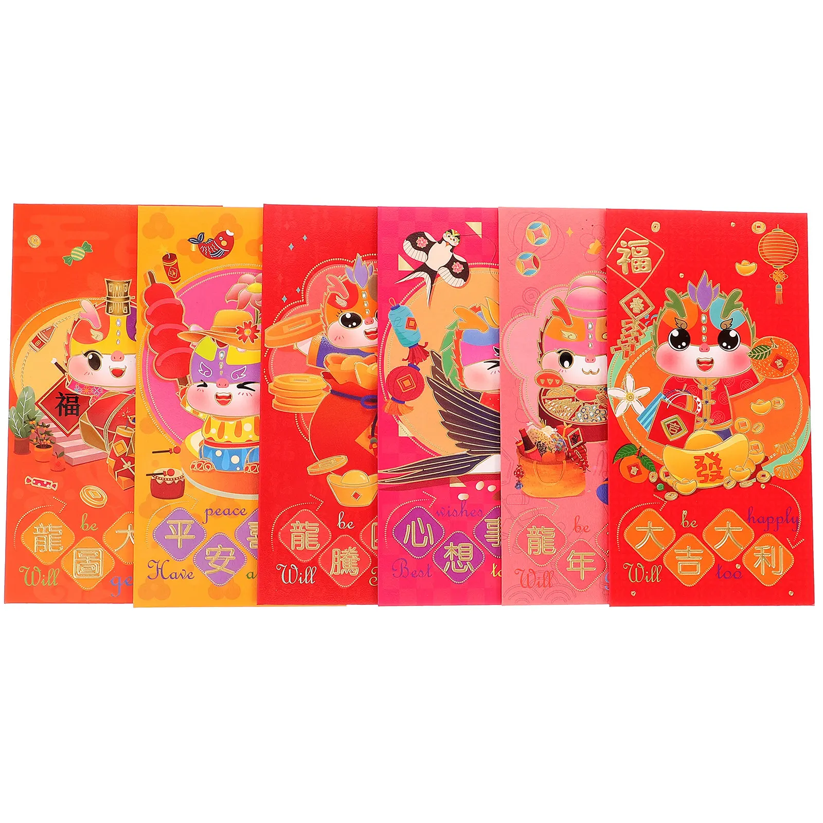 6Pcs Red Envelopes Chinese Dragon Pattern Festival Money Pockets New Year Gift Luck Bags 2024 Dragon Year Red Packets