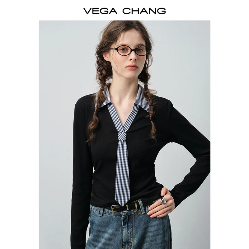 

Vega Chang T-Shirt for Women, New Autumn and Winter Plaid Bow Tie Versatile Slim-Fit Top