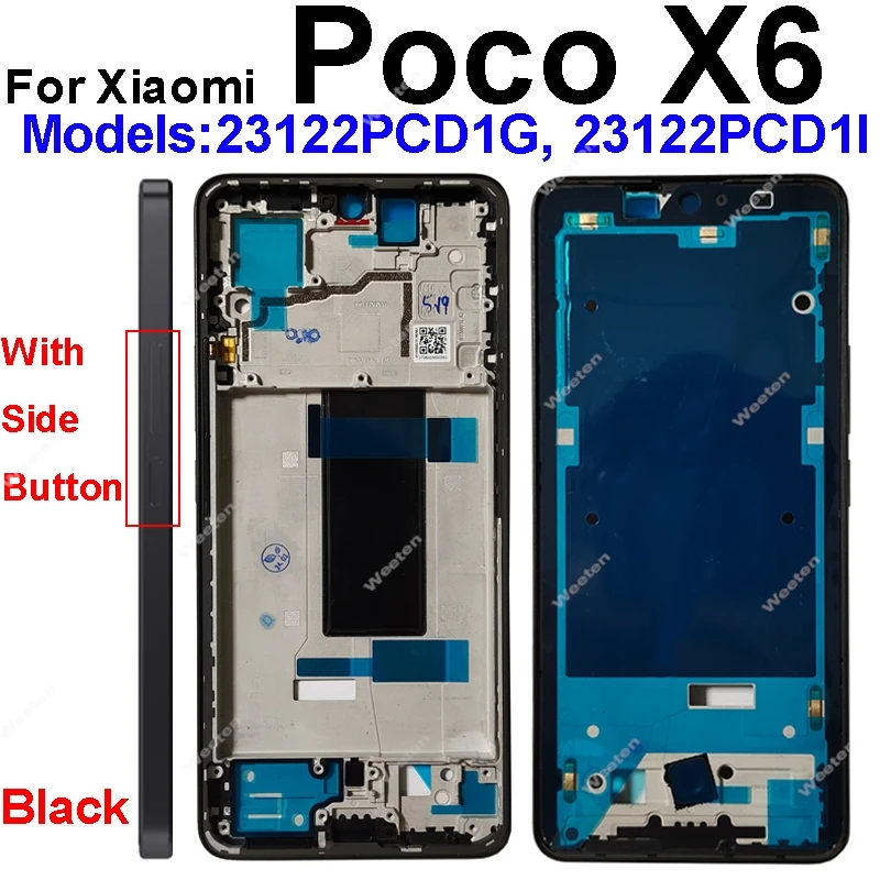 For Xiaomi Poco X6 Middle Housing Back Cover Housing Front Frame Chassis with Power Volume Side Buttons Replacement Repair Parts