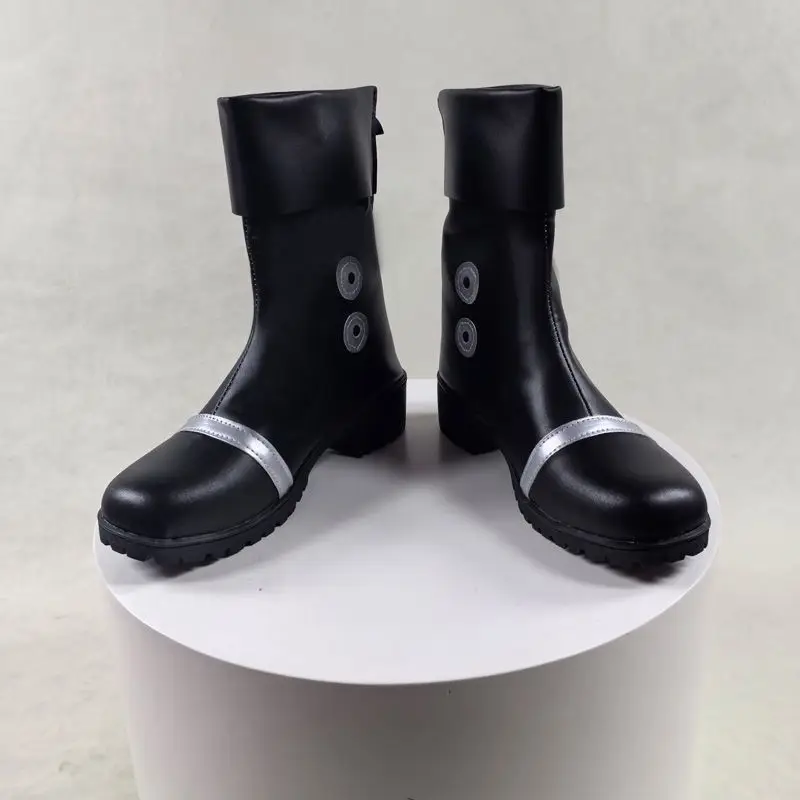 Black Short Cosplay Boot Silver Decor Pu Leather Mid-Calf Cosplay Shoe Custom Size Zipper-Up Footwear for Halloween Themed Party