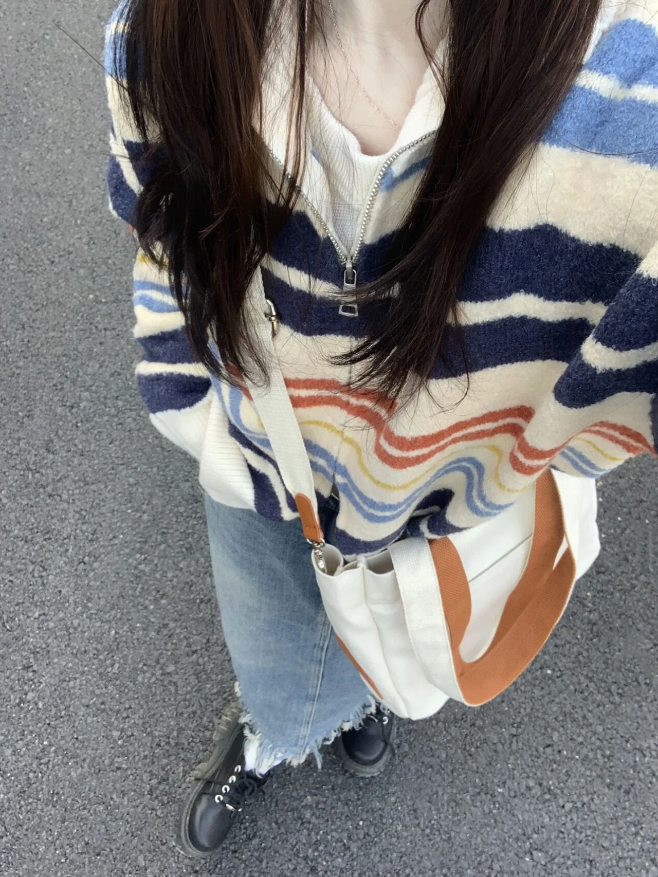 Jacket knitted sweater women's with zipper wind rainbow striped sweater retro spring autumn stand-up collar cardigan fashionable