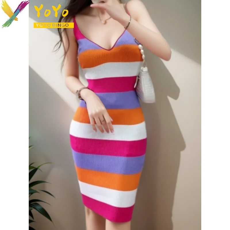 

Sexy Knitted Stripe V-neck Spaghetti Strap Dress 2024 Romantic French Summer Sweater Slim Bodycon Party Nightclub Dress