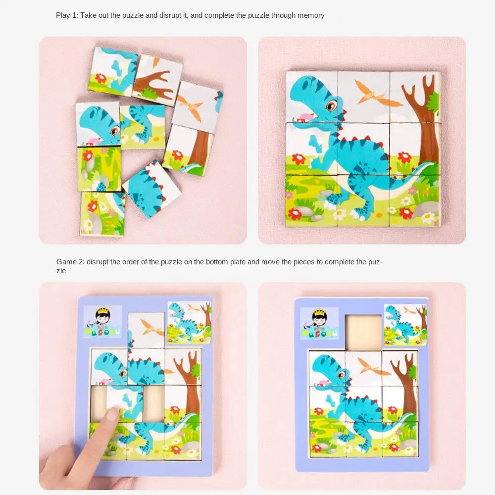 Cartoon Houten Dieren Glijpuzzel Dinosaurus Hersentraining Beweegbare Jigsaw Speelgoed Logicaspel Kinderen