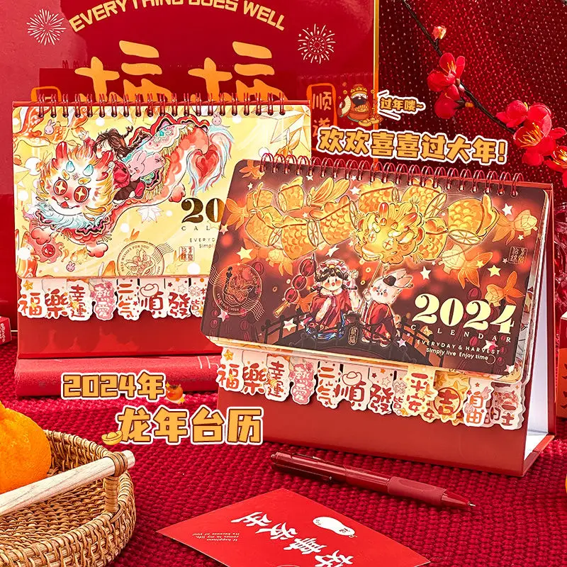 Kalender meja zodiak Cina, kalender 2024, dekorasi meja kantor Tahun Baru salam kalender meja Cina