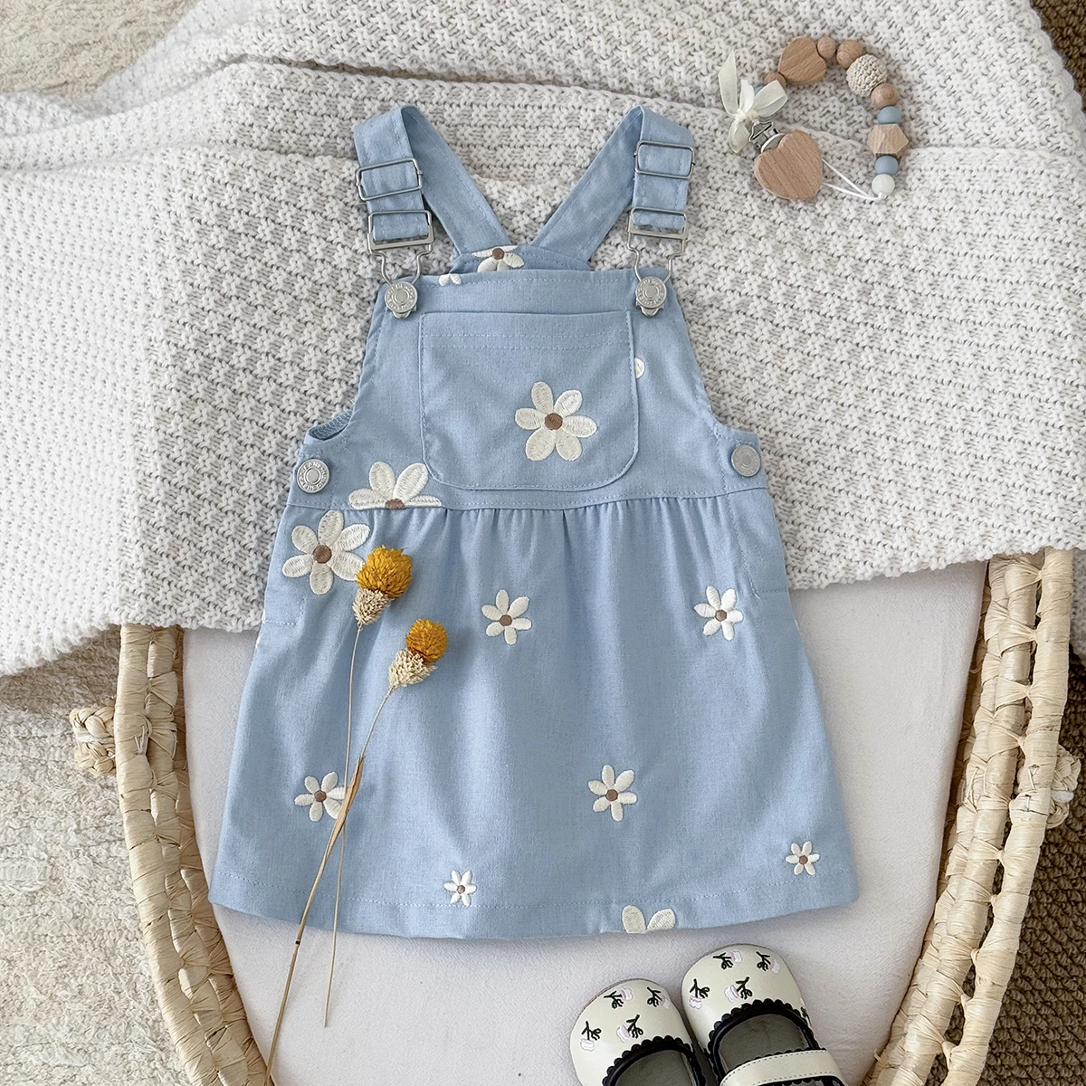 Toddler Infant Girls Denim Dresses Flowers Embroidery Strap Knee-Length Kids' Dresses One-piece 0-3 Years Overall Girl Clothes