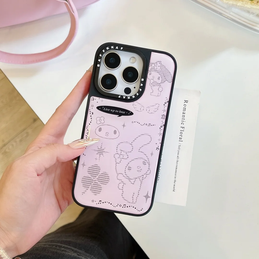 Coque de téléphone de luxe rose mignonne My Melody pour iPhone 13 14 15 16 Pro Max bordure noire époxy goutte à goutte adhésif couverture arrière en Silicone ﻿ ﻿