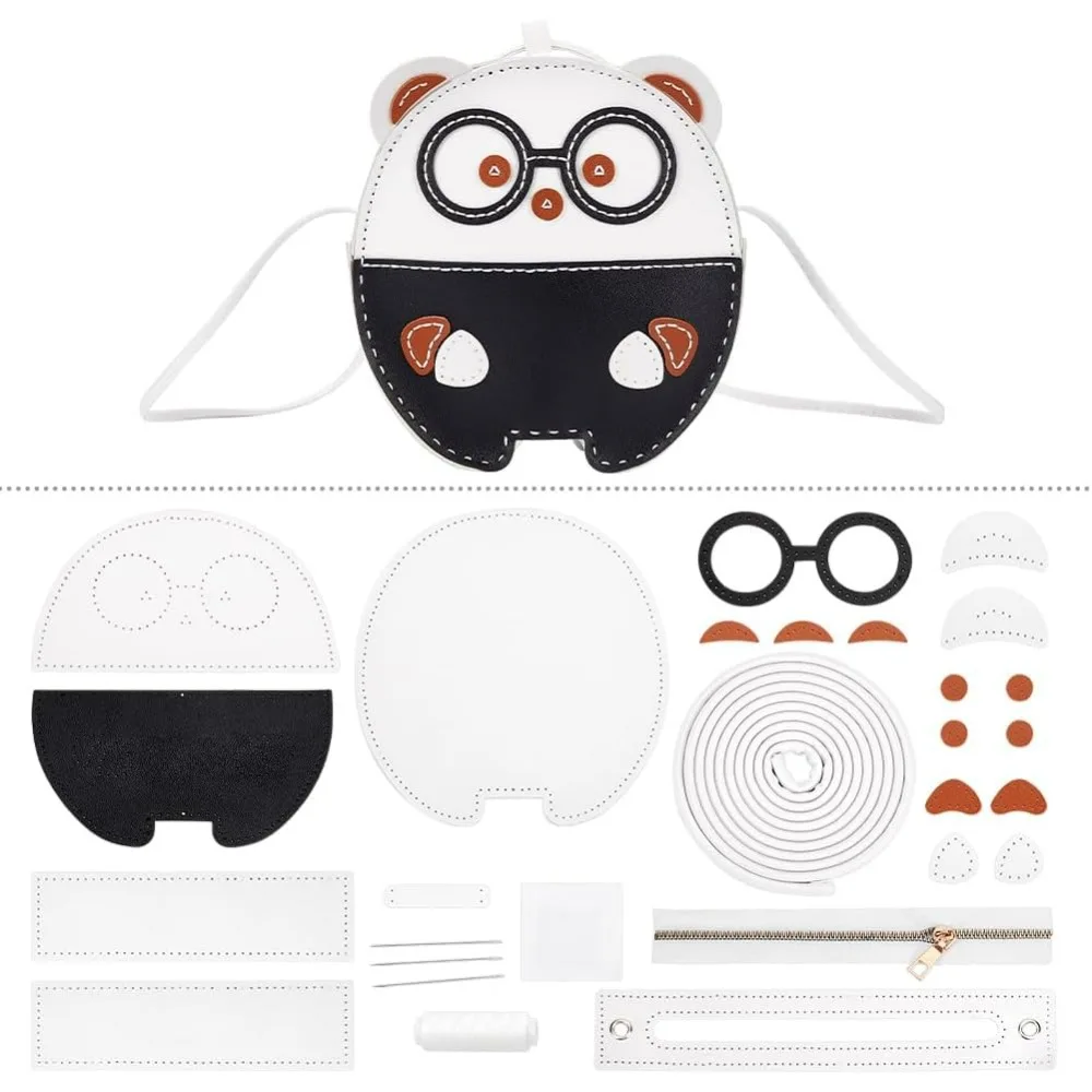 DIY Bag Making Kit PU Leather Shoulder Bag Making Set Lovely Glasses Bear Crossbody Bag Knitting Sewing Kit Handmade Handbag