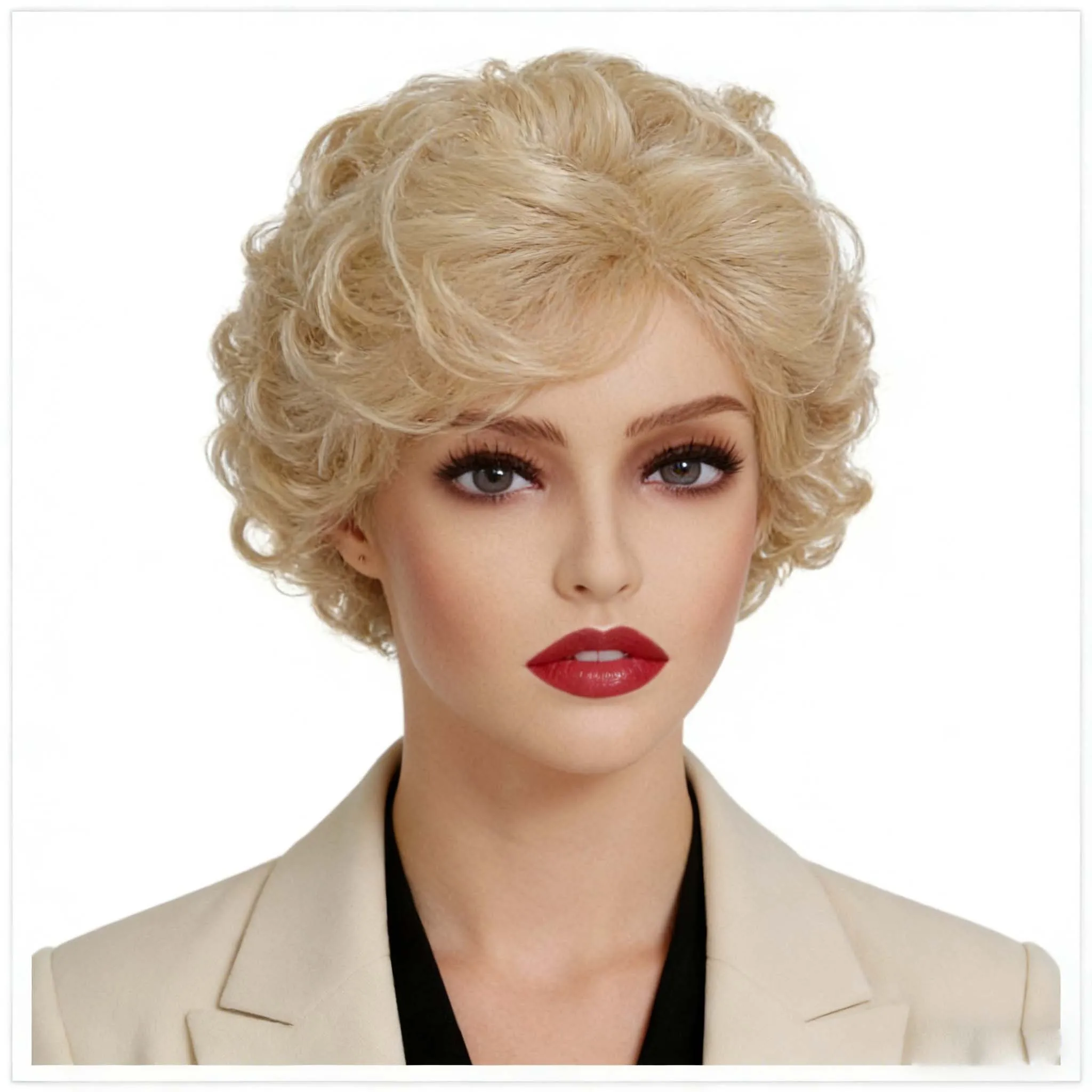 Synthetic Wigs Short Fluffy Curly Blonde with Side Bangs Women Natural Looking Soft Wig for Daily Wear Parties Cosplay Halloween