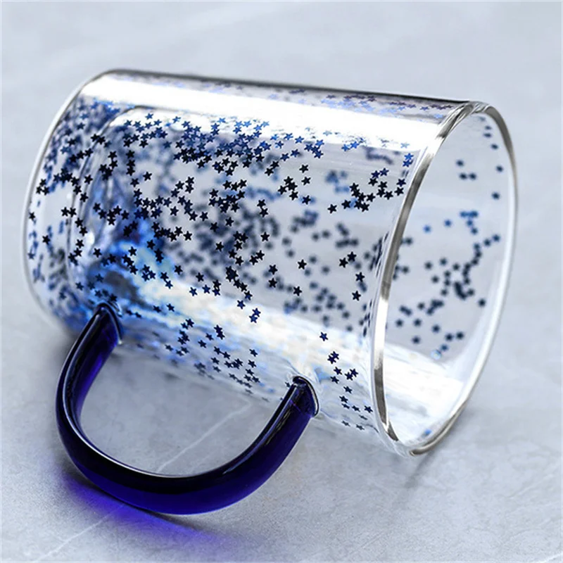 300ml Double Wall Starry Sky Glass Mug With Handle Coffee Milk Cup Bubble Star Glitters Fillings Tea Juice Water Glass Drinkware