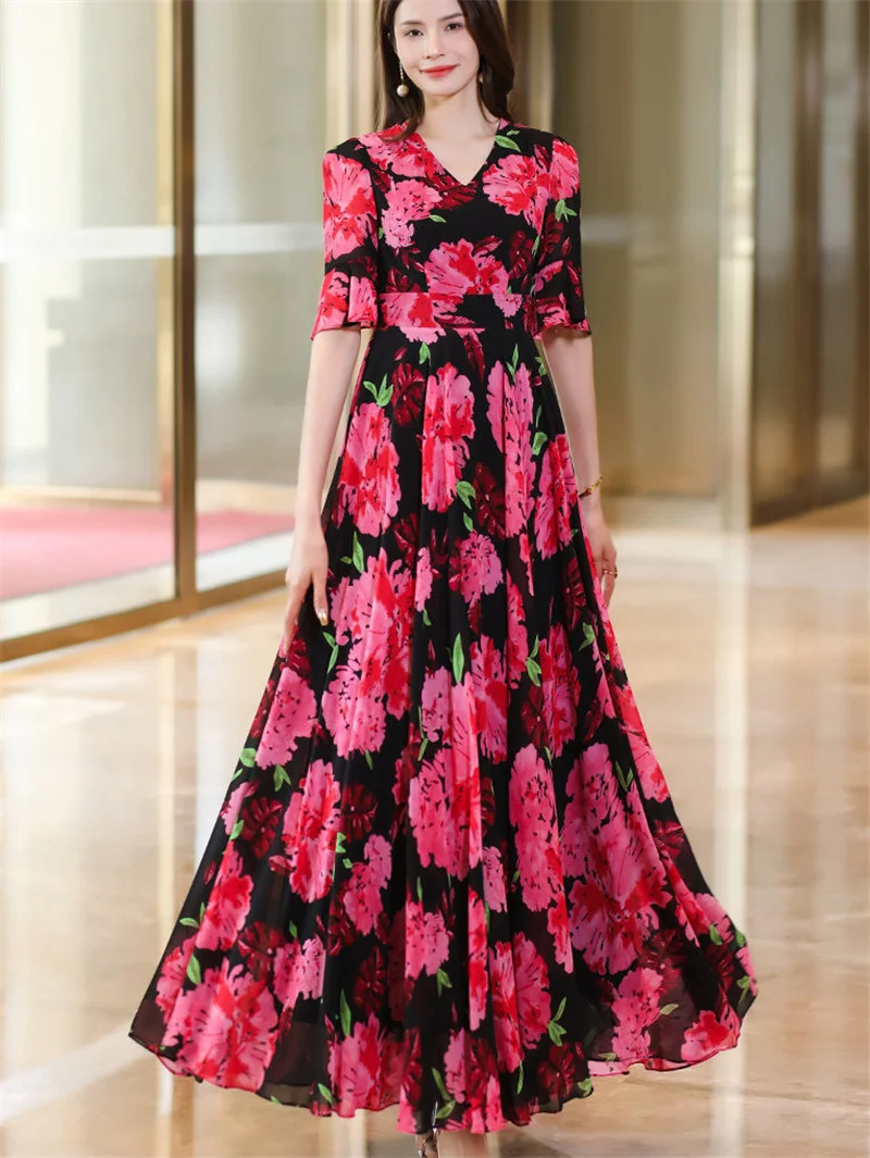 Women's New Fashion Ruffled Dress 2025 Summer Korean Fashion Slim Medium  Long V-neck Chiffon Floral Dress Female A Word Skirt - AliExpress 200000345