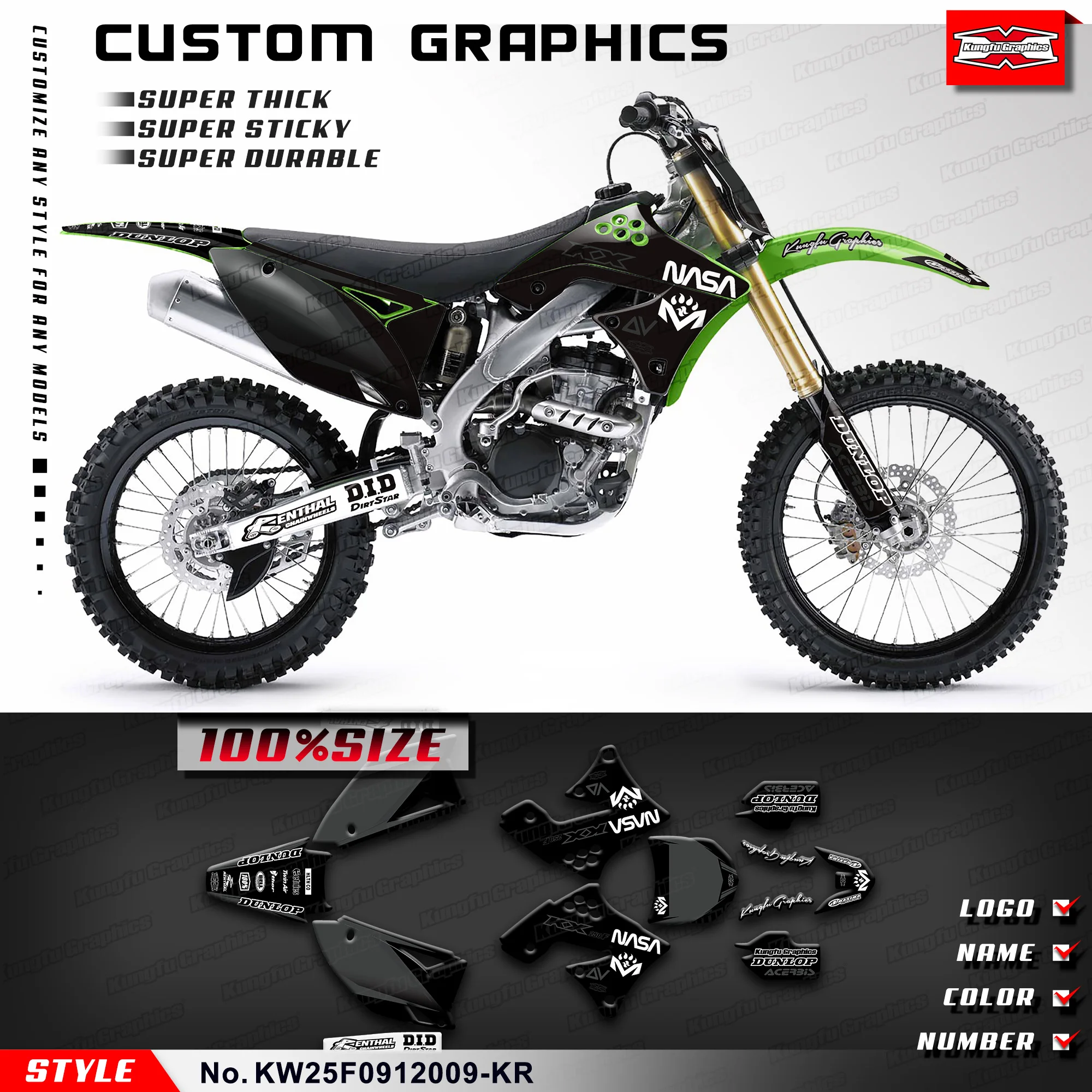 

KUNGFU GRAPHICS Decals Stickers UV Resistant Laminate for Kawasaki KX250F KXF250 2009 2010 2011 2012, KW25F0912009-KR