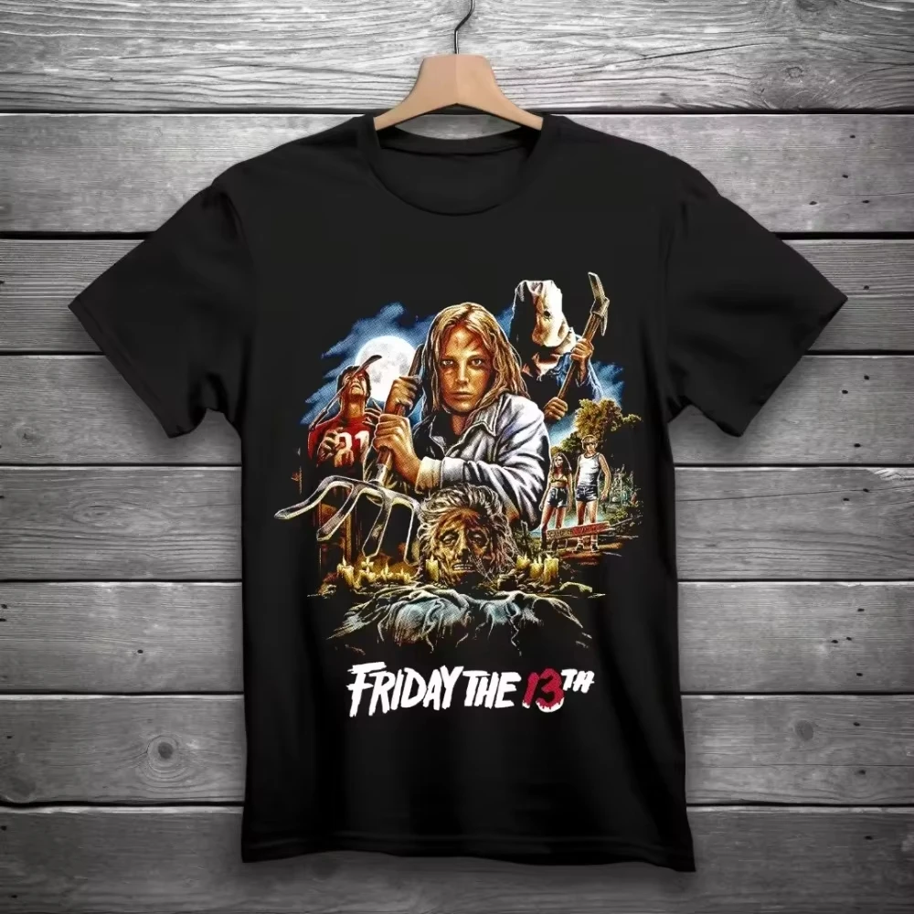 Men's Casual Sports Short Sleeve T-Shirt Summer Cotton Print Friday the 13th Movie Horror Design Black Fitness Running Ball