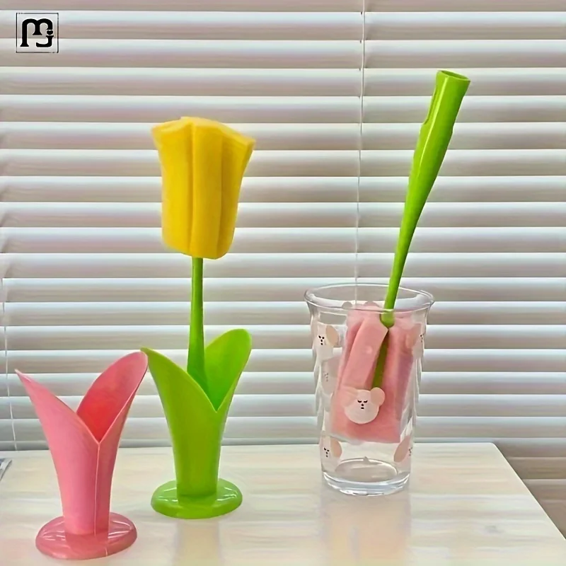1 Tulip Style Reusable Cup Brush With Detachable Sponge Head - Long Handled Bottle And Glass Cleaner, Durable Plastic, Perfect