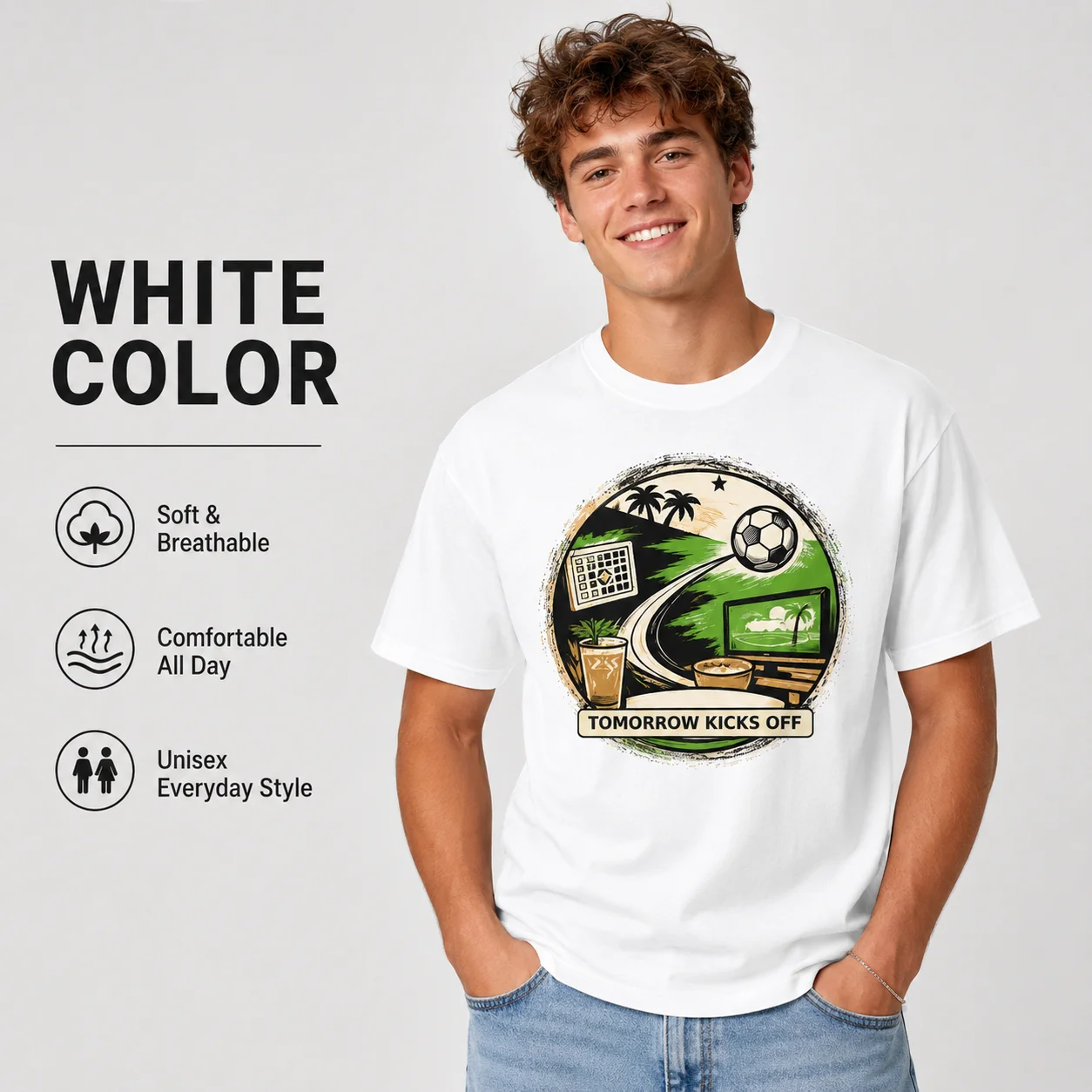 Men's Soccer Graphic T Shirt Tomorrow Kicks Off Cotton Short Sleeve Crew Neck Casual Tee Soccer Fans
