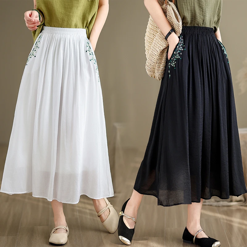 

Элегантная вышитая хлопково-льняная юбка А-силуэта миди с винтажной эластичной талией в китайском стиле для женщин