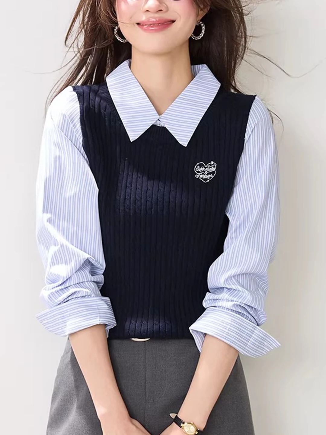 

Casual Sle Collar Long Sve Women's irt Patchwork Slimming Top Versatile Spring 2026 New Collection Faion Sensation