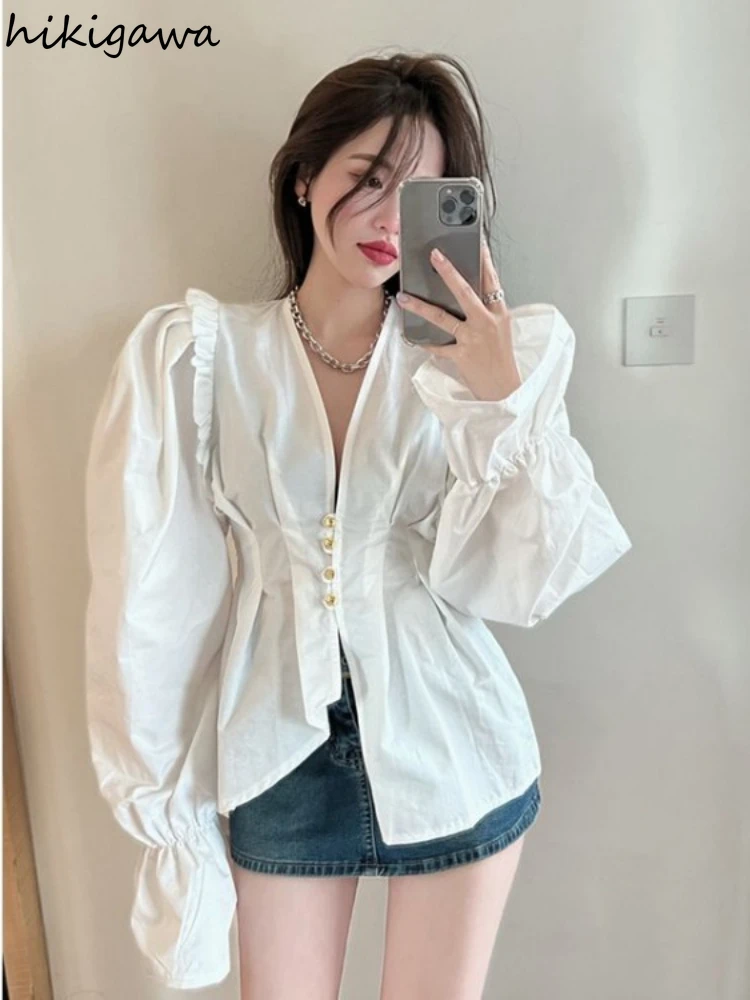 Chic Korean Shirts Women Clothing V-neck Puff Sleeve Blouses 2023 Blusas Mujer De Moda Tunic Ruffles Irregular White Blouse Tops