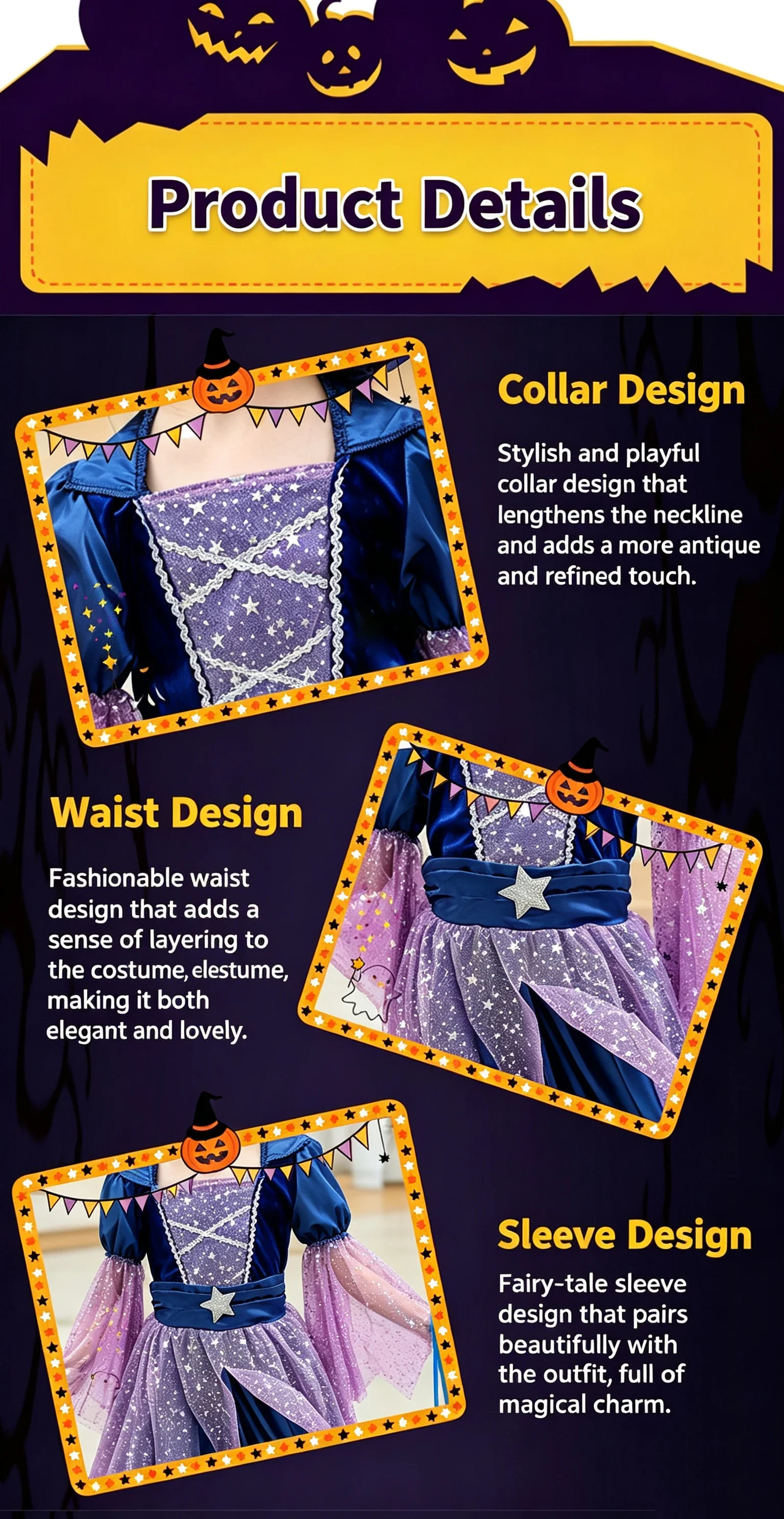Kinder Mädchen Hexen-Charakter Cosplay Blau-Lila Glitzer-Stern-Netzkleid mit Komplettem Zubehör für Halloween-Themenparty – Detail 4