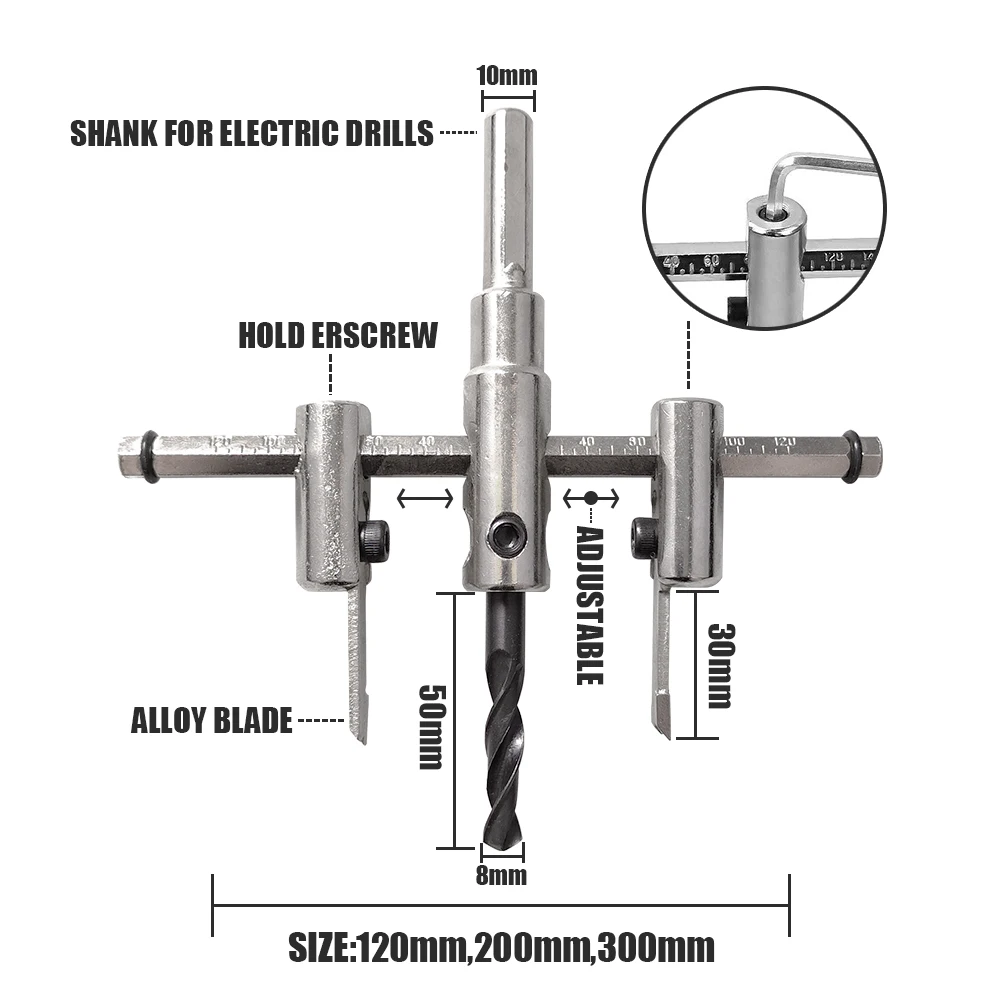 4 pz 30-120/200/300mm circolare regolabile sega a tazza taglierina per legno punta da trapano lame in lega Cordless tipo aereo strumenti per la