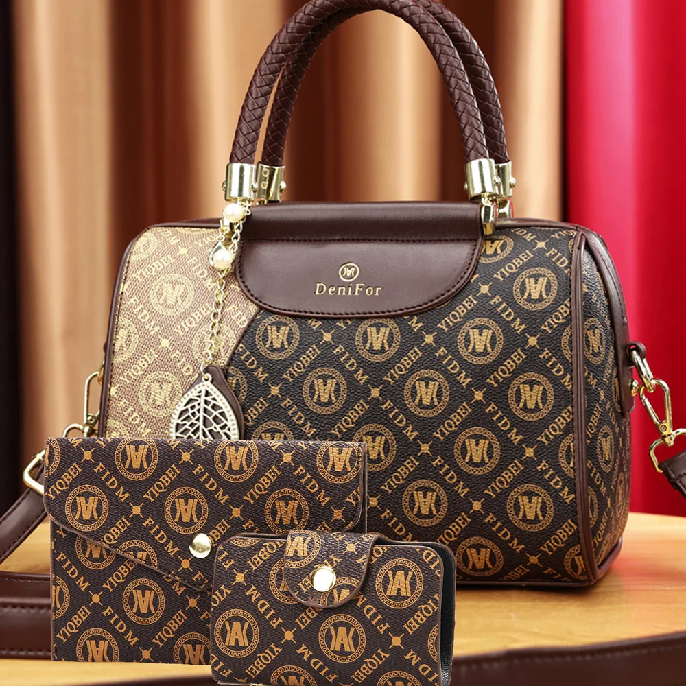 Elegant Fashion Women\'s Bag Set, 3-Piece European Style Tote and Wallet Combo, Geometric Pattern Faux Leather Handbag with Zip C