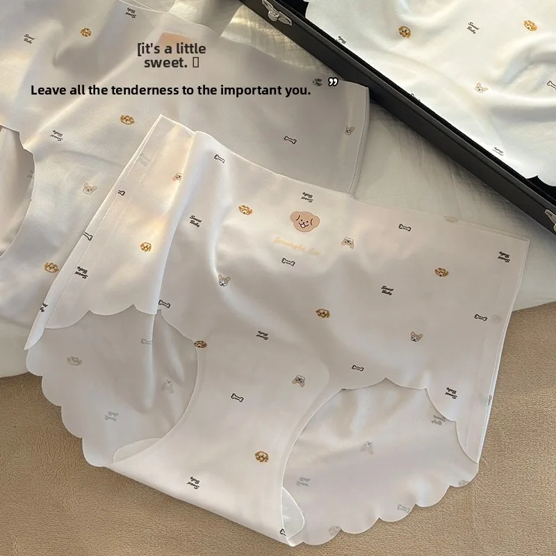 10A Seamless Extended Underwear Mid-Waist Ultra-Thin Japanese Cute Dog Print Quick-Drying Ice Silk Hip-Lifting Girl Underwear