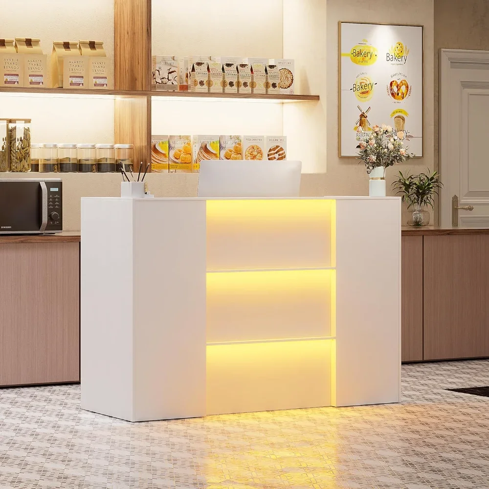 

Modern Reception Desk with LED Lights, 63 Inches Front Counter Table with Lockable Drawer & Shelves, Checkout Counter