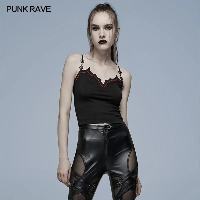 

PUNK RAVE Women Gothic Bat Camisoles Dense Knitted Tops Metal Loop Goth Sexy Collar Tanks Camis Daily Tees Clothing