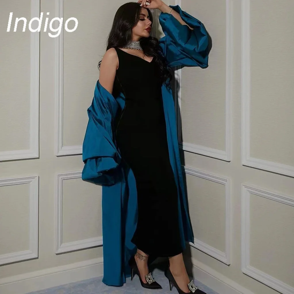 Indigo-vestidos de noche con abrigo para mujer, vestido de fiesta Formal hasta el tobillo con cuello en V, 2024