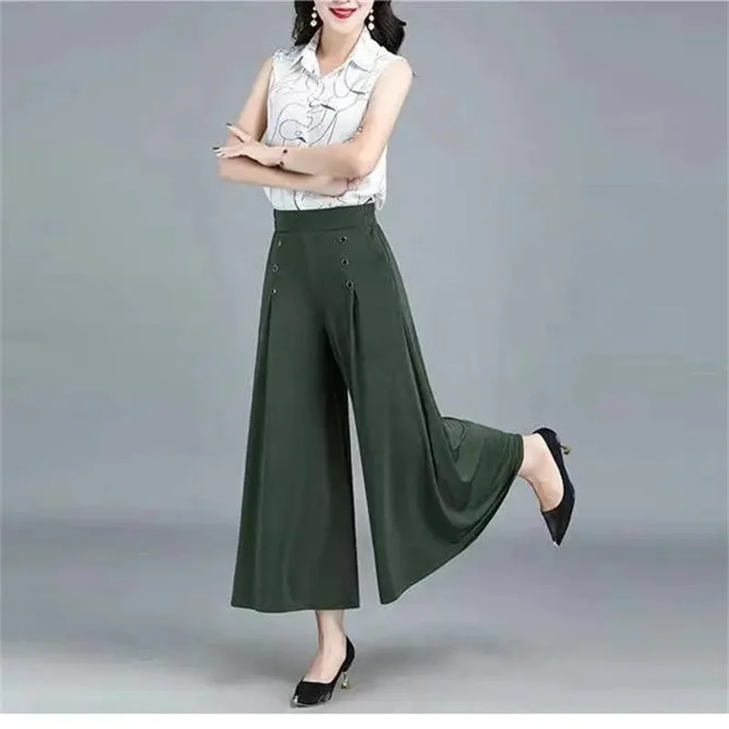 

Thin Elastic High-Waisted Skirt Pants Summer Send Mom Big Swing Loose Wide-Leg Pants Fashion Joker Nine-Point Skirt Pants