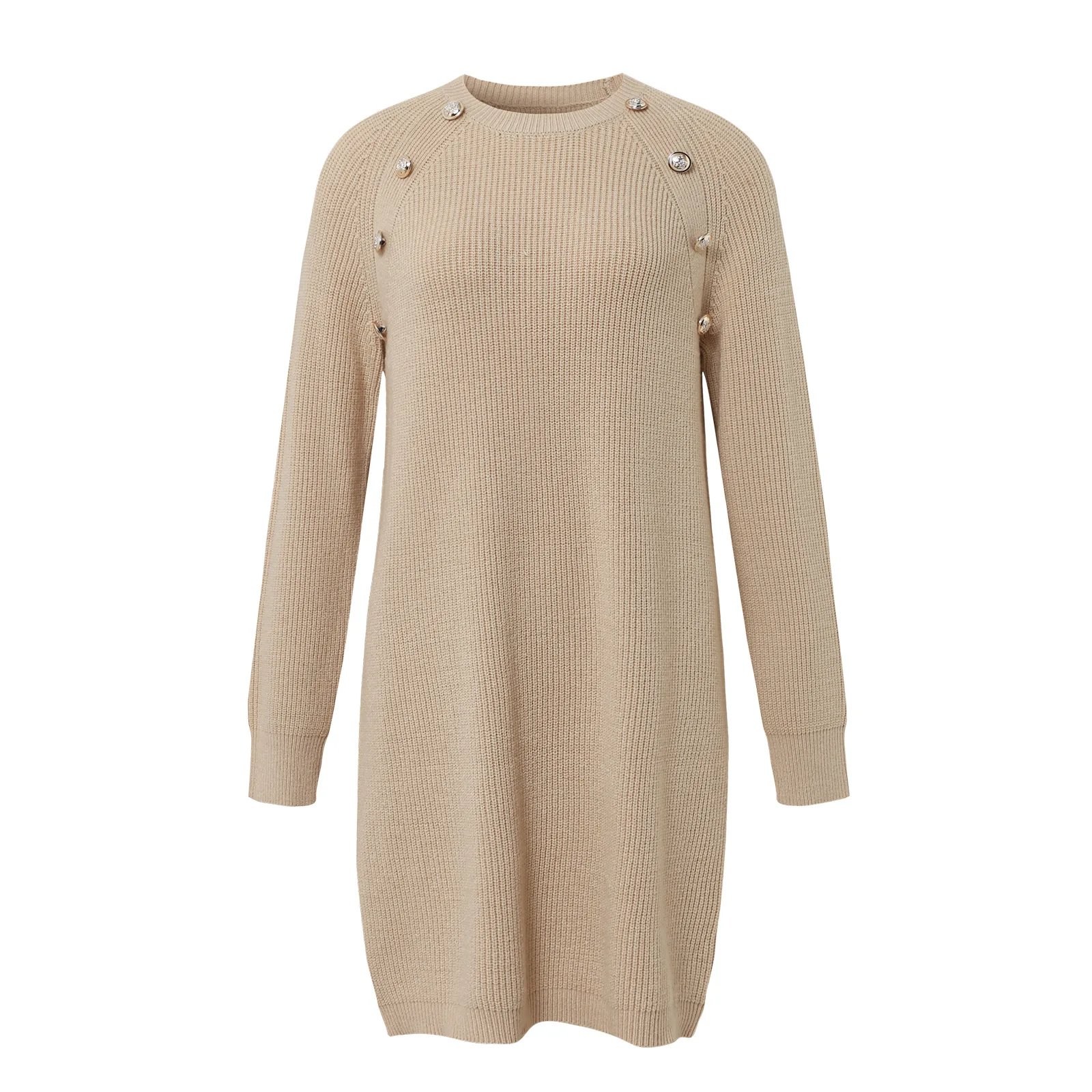 New Women Spliced Pullover Round Neck Button Fashion Solid Color Loose Versatile Casual Long Sleeve Knitted Dresses