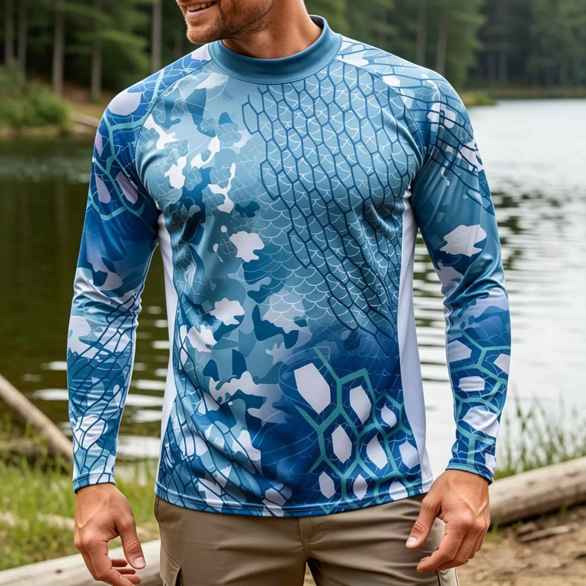 Men Outdoor Fishing Long Sleeve T‑Shirt Blue Gradient Fish Scale Camo Print Quick Dry Breathable Hiking Boating Sports Tops