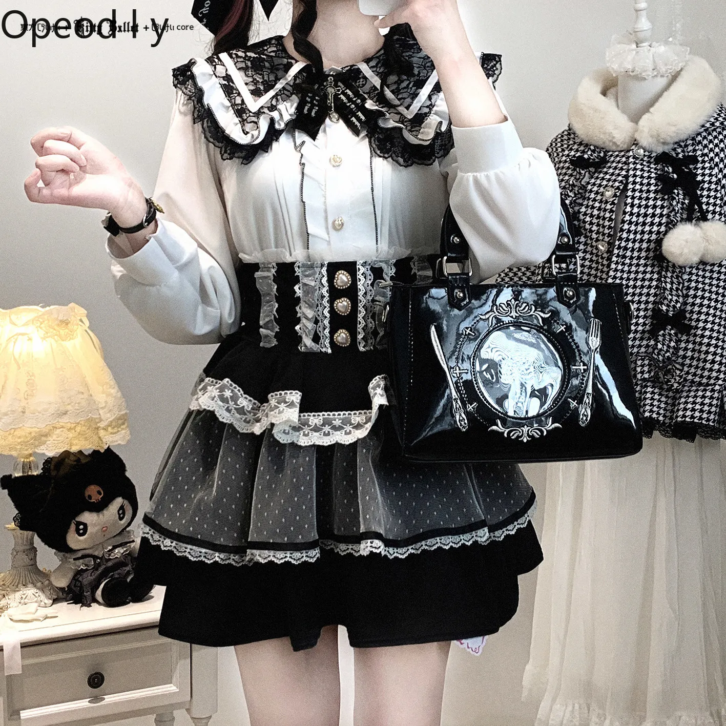 

Lolita original design Japanese sweet girl long-sleeved shirt lace lapel off-the-shoulder chiffon ruffle edge long-sleeved top