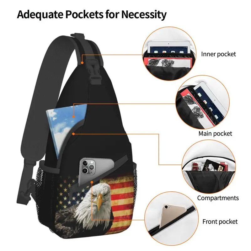 Mochila cruzada Vintage con bandera de águila americana para hombre, bandolera de hombro personalizada, bolso de pecho para viajar, mochila de día