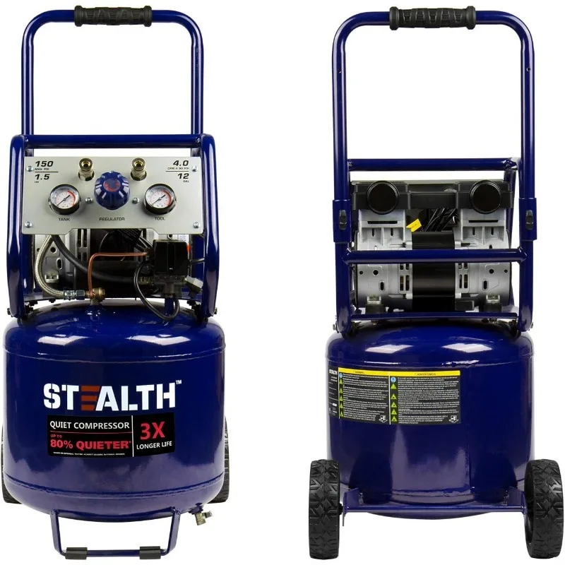 Stealth 12 Gallon Ultra Quiet Air Compressor, 1.5 HP Oil-Free Peak 150 PSI 68 Decibel Air Compressor,5 CFM @ 40 PSI 4 CFM