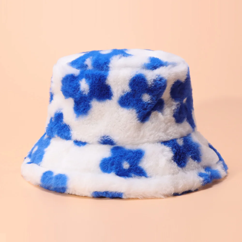 Blume Plüsch Flauschigen Eimer Hut Frauen Fischer Hut Winter Outdoor Faux Pelz Dicke Warme Panama Kappe Bob Femme – Detail 5