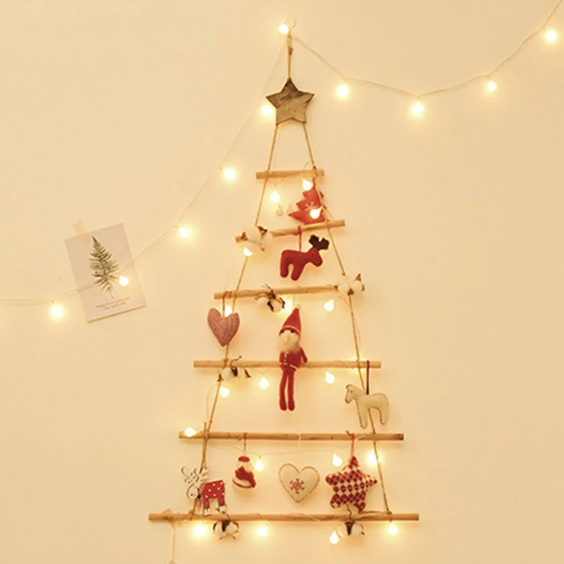 Wooden Christmas Tree Ornament Wall Mounted Xmas Tree with Branch Ladder for Home Living Room Background Decor Dropshipping