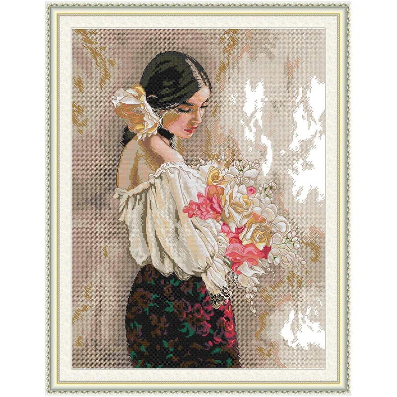 Joy Sunday Maiden with Flowers Patterns Counted 11CT 14CT 16CT Stamped DMC Cross-stitch Kit Embroidery Needlework Set Home Decor