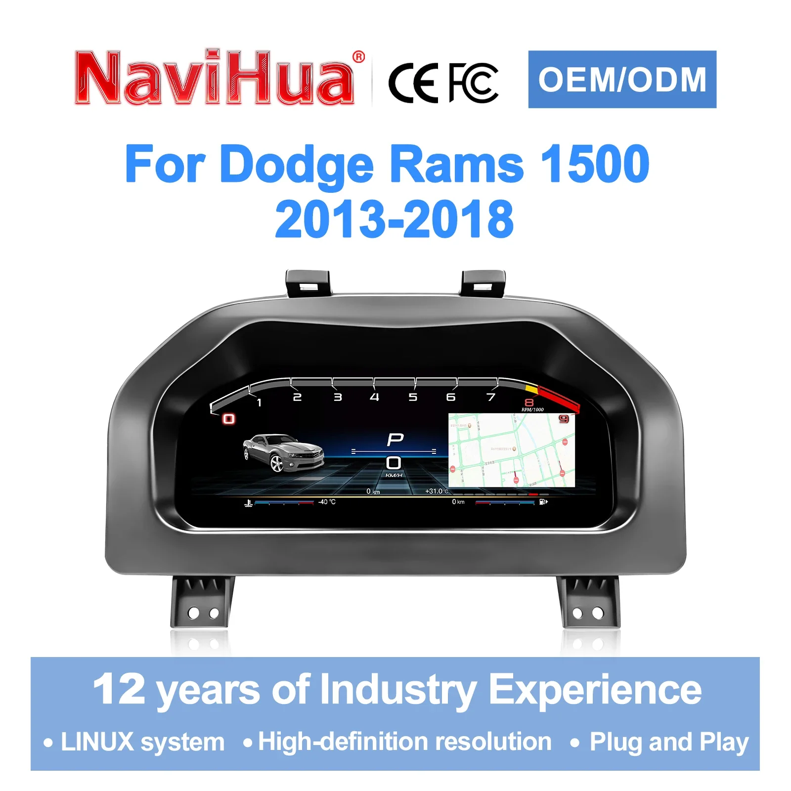 

Navihua New Design Digital Cluster 12.3'' Virtual Cockpit for Dodge Ram 1500 2013-2018 Car Upgrade LCD Dashboard SpeedometerAuto