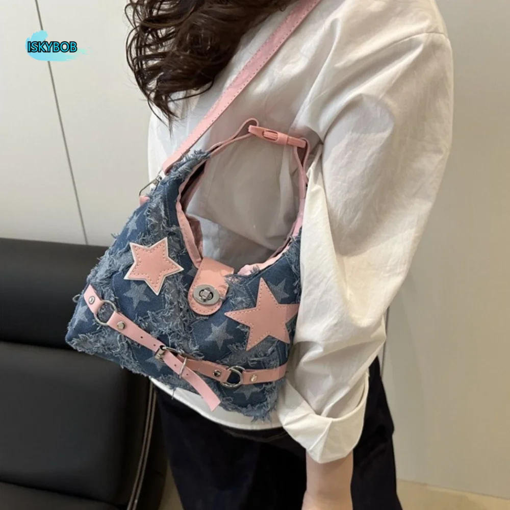 

Korean Y2k Pink Star Handbags Aesthetic Plaid Denim Shoulder Bag Punk Leisure Crossbody Bag Outdoor