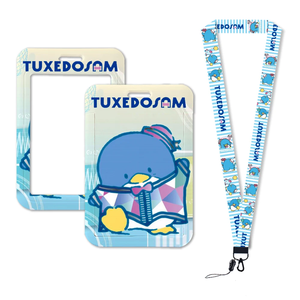 سانريو سام البطريق سهرة سام الرقبة حزام البوليستر القرطاسية حامل بطاقات التعريف الشخصية سلسلة مفاتيح قصيرة ID شارة حامل شنق حبل كيرينغ