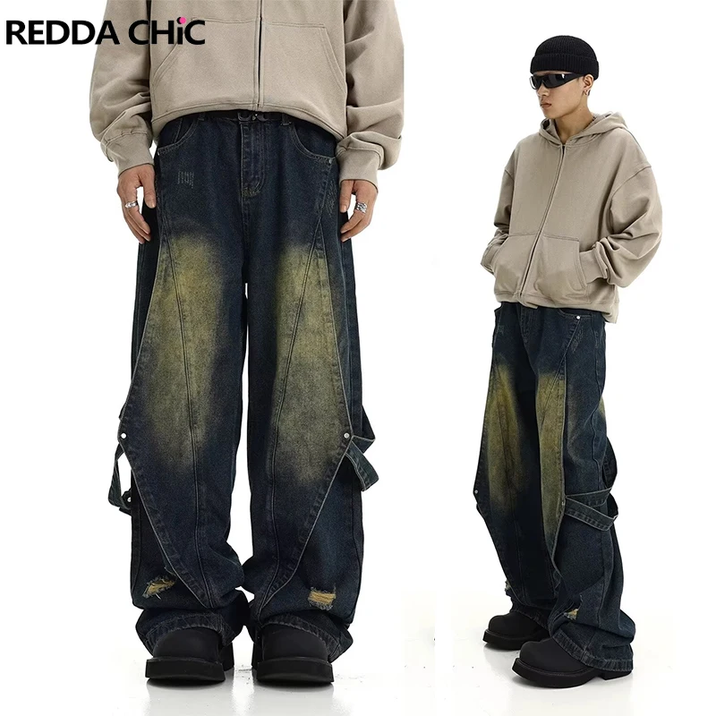 

REDDACHiC 90s Retro Green Wash Patchwork Baggy Jeans Men Y2k Deconstructed Belt Destroyed Low Rise Big Size Casual Wide Pants