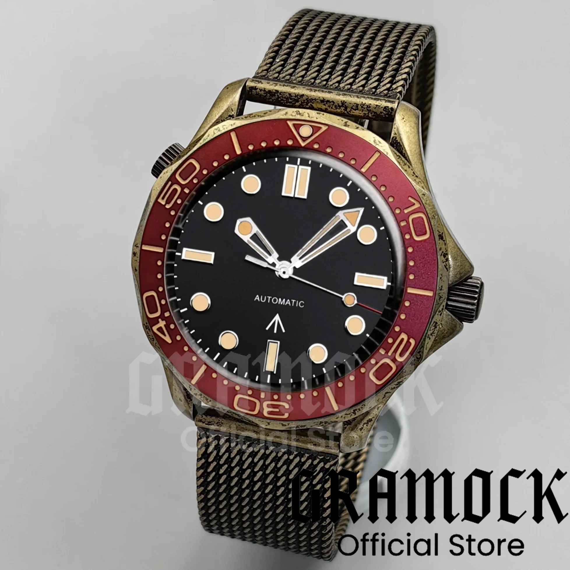 

Винтажные мужские часы Gramock NH35 PT5000, механические 007 NTTD, бронза, 41 мм, 10 бар, часы для дайвинга, бордовый, красный/ретро-зеленый, безель, сетчатый ремешок