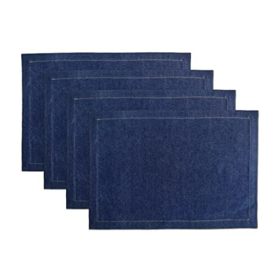 

Denim Table Linen - Cloth Placemats Set of 4 - Cotton Jeans Fabric Table Mats - Blue Washable Kitchen Table Mats