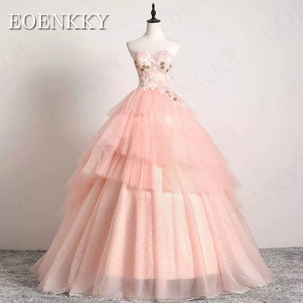 Pink Tiered Dots Tulle Prom Dress Long abito da festa di nozze Strapless Lace Formal Party Gown Applique Sweetheart Floor Length