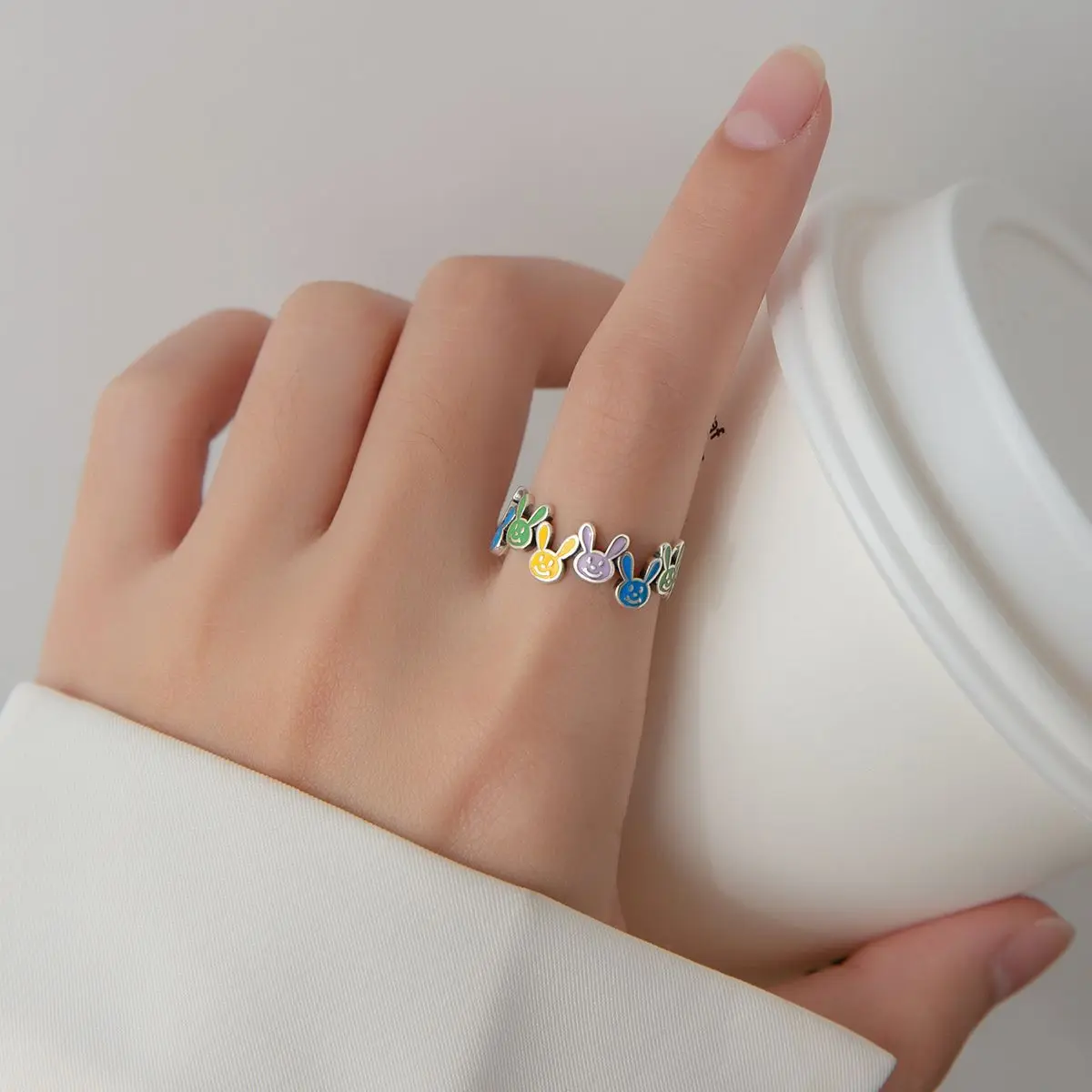 925 Sterling Silver Irregular Colorful Rabbit Rings For Women Female Simple Retro Style Handmade Fine Jewelry Bijoux Birthday