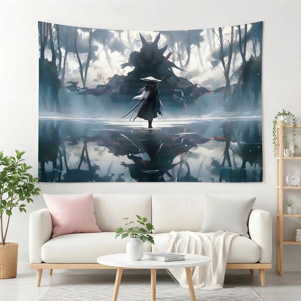 Japanese Fantasy Samurai Tapestry Lone Ronin Water Reflection Misty Forest Giant Mecha Ruins Wall Hanging Dorm Bedroom Wall Deco