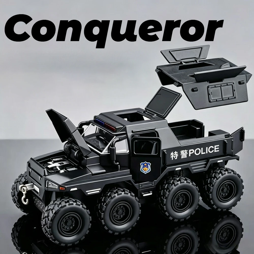 

1:32 Scale Conqueror Police Car Alloy Diecast Miniature Model Toys Pull Back Doors Opened Vehices Models Ideal Ornament Gifts