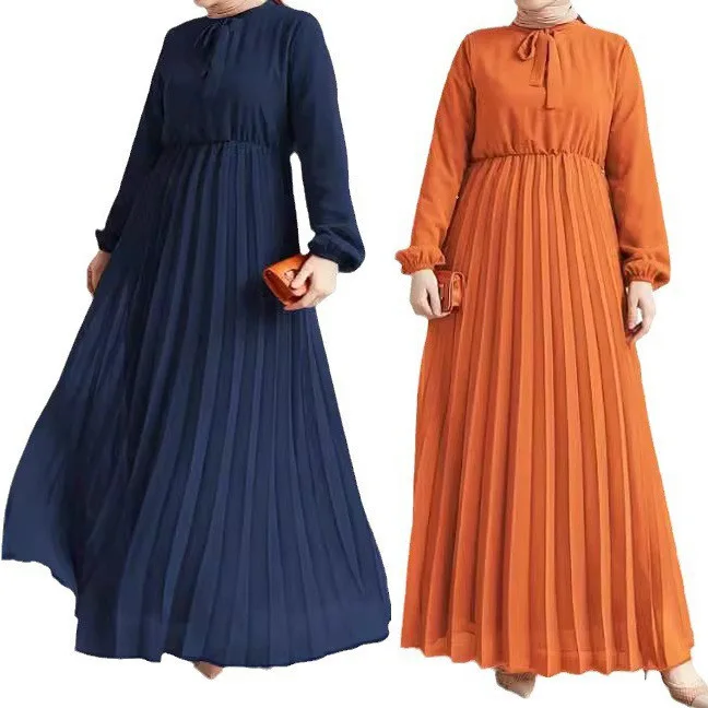 

High Quality Chiffon Muslim Fashion Abaya Solid Color Pleated Long Fashionable and Elegant New Dress for Women Dresses