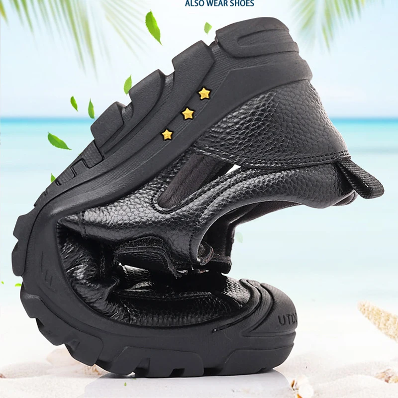 2024 Summer Shoes Men Sandals Hollow Out Breathable Genuine Leather Casual Shoes Man Driving Beach Sandals Soft Sole Men Sandal